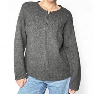 Vintage Talbots 100% Lambs Wool Womens Gray Full Zip Diamond Knit Sweater Size M
